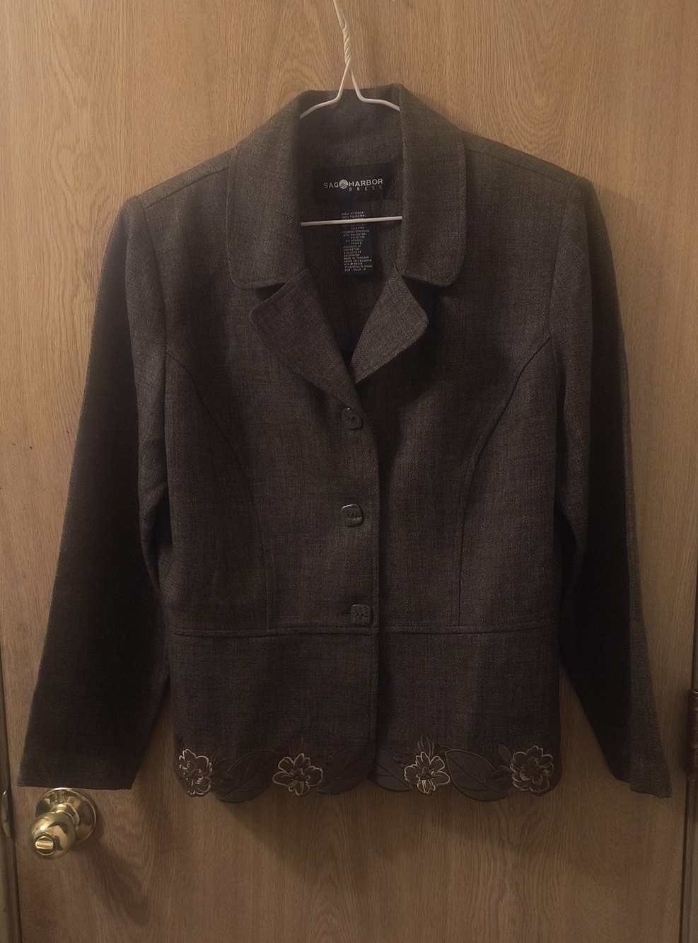 Vintage 90s Sag Harbor Herringbone Blazer Embroidered Floral Scalloped Hem Sz10